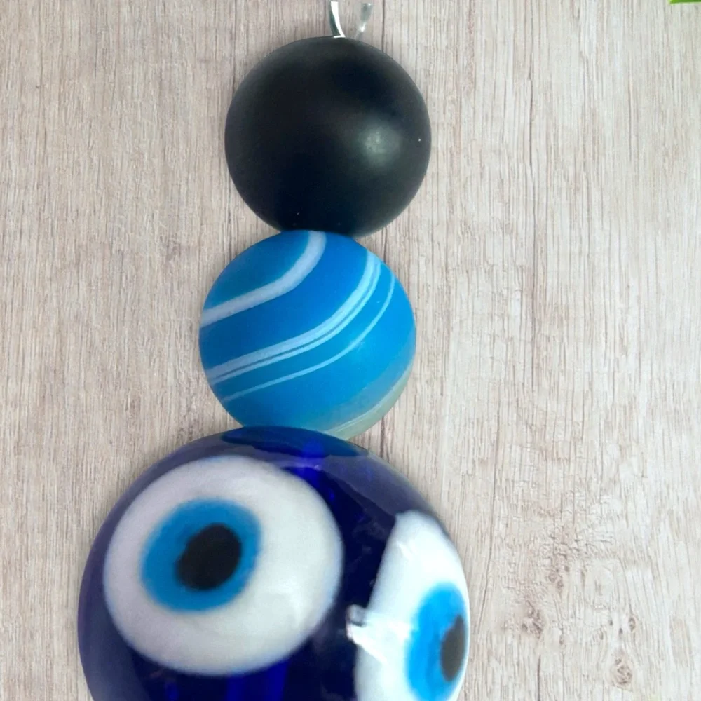 Hand Crafted Purse Pet Charm Onyx Blue Agate  Glass Ball Evil Eye Matte - Picture 6 of 7